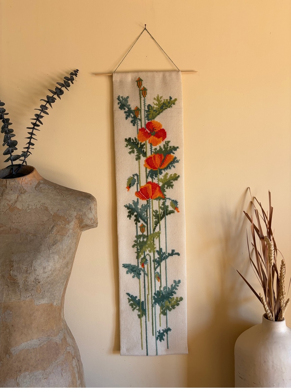 70’s Vtg Handcrafted Cross-Stitch Poppies Wall Hanging Tapestry